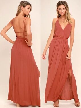 Lulus Lost in Paradise Rusty Rose Maxi Dress Size Small Surplice Sexy Resort NEW